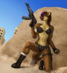 ak_platform aks-74u anthro assault_rifle banana_magazine bandolier bikini biped boots bra breasts brown_body brown_fur building clothing dust explosives female footwear fur grenade gun hair highlights_(coloring) kneeling knife markings multicolored_hair navel open_mouth outside purple_eyes purple_highlights ranged_weapon rifle rubble shoes smoke smoking_gun solo spots spotted_body spotted_fur swimwear tail tan_body tan_fur two-piece_swimsuit two_tone_hair underwear war weapon wraps elvofirida hyena mammal spotted_hyena