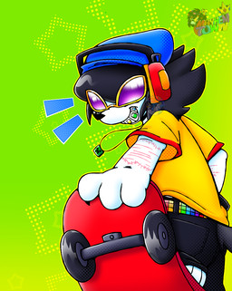 belt black_hair black_nails black_nose blue_clothing blue_hat blue_headwear braces clothing colored_nails electronics eyewear fur green_background hair hat headgear headphones headwear jewelry male nails necklace simple_background skateboard solo star sunglasses vehicle white_body white_fur mayhemtown mayhem_(mayhemtown) canid canine mammal cartoon
