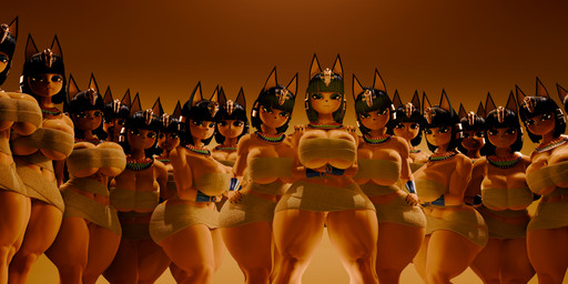 anthro armor bandage big_breasts black_eyes blank_expression blank_stare blue_hair bottomwear bracers breasts cleavage clone clothed clothing crossed_arms curvy_figure egyptian egyptian_clothing egyptian_headdress female fur group hair hand_on_breast hands_behind_back hands_on_hips hands_on_shoulder hands_on_shoulders headdress headgear huge_breasts jewelry looking_at_viewer looking_down makeup necklace simple_background thick_thighs topwear voluptuous wide_hips wrapped_breasts yellow_body yellow_fur leafytheleafer scrag_(modeler) animal_crossing nintendo ankha_(animal_crossing) domestic_cat felid feline felis mammal 3d_(artwork) digital_media_(artwork) hi_res