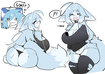 :3 >_< ahoge ambiguous_gender anthro arm_tuft big_breasts big_butt blue_body blue_eyes blue_fur blue_hair blush bodily_fluids bra breast_expansion breasts butt chest_tuft choker clothing confusion dipstick_tail drooling duo expansion eyes_closed female fur hair hip_tuft jewelry markings necklace open_mouth red_eyes saliva shoulder_tuft sitting speech_bubble tail tail_markings thick_thighs thought_bubble torn_thigh_highs tuft underwear shiyaa_stuff gyatt_(meme) anila_(shiyaa_stuff) izumi_(shiyaa_stuff) canid canine fox mammal 2026