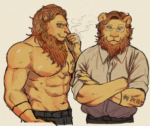 abs anthro belt biceps bottomwear cigarette clothed clothing eyewear glasses hair male mane mane_hair muscular muscular_anthro muscular_male pecs smoke smoking solo tattoo text topless topwear triceps mitsuyaaaa beastars ibuki_(beastars) felid lion mammal pantherine 2020 colored hi_res japanese_text translated