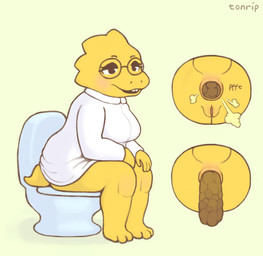 anthro anus blush breasts clothing coat crowning_feces cutaway eyewear fart fart_cloud feces female female_farting female_pooping genitals glasses lab_coat lab_coat_only open_mouth orange_body orange_scales pooping pooping_in_toilet scales scatplay sitting sitting_on_toilet solo sound_effects tail teeth text toilet toilet_use topwear vulva wearing_glasses tonrip undertale_(series) alphys lizard reptile scalie artist_name hi_res
