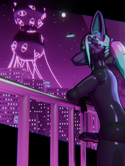 2_tone_body ambiguous_gender animal_genitalia animal_penis annoyed anthro balcony blue_eyes cheek_tuft city city_background cosmic_background ears_up erection facial_tuft femboy genitals hair knot knotted_penis looking_away male moon multicolored_hair narrowed_eyes nude_anthro nude_male one_eye_obstructed penis pointy_ears ponytail purple_background purple_body side_view simple_background solo standing star starry_background thick_thighs tuft ufo reginabelli canid canine fox mammal 3:4 3d_(artwork) digital_media_(artwork) hi_res
