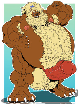 anthro areola armpit_hair balls barefoot beard beer_belly belly big_balls big_belly big_muscles big_pecs big_penis body_hair brown_body chest_hair claws erection facial_hair feet flexing flexing_bicep fur genitals hair hairy_balls happy_trail huge_balls huge_pecs huge_penis humanoid_genitalia humanoid_penis hyper hyper_genitalia hyper_penis long_hair looking_at_viewer male muscular muscular_anthro muscular_male navel nipples nude overweight overweight_male pecs penis plantigrade pubes simple_background smile solo standing teeth thick_penis tied_hair toes xibalbakat koukou bear mammal digital_media_(artwork) hi_res