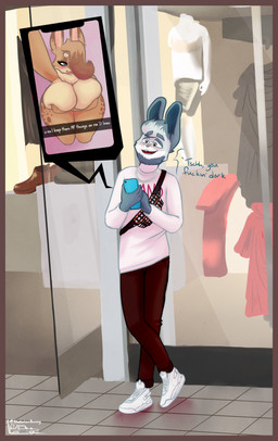 anthro beard big_breasts blue_eyes blush border breast_squish breasts buckteeth caption chain clothed clothing curvy_figure dewlap_(anatomy) dialogue electronics eyelashes facial_hair female female_focus grey_eyes hair hair_over_eye holding_breast holding_object holding_phone huge_breasts hyper hyper_breasts kneeling licking licking_lips male nude one_eye_closed one_eye_obstructed open_mouth phone public red_border selfie squish teeth text tongue tongue_out voluptuous vulgar wink shakotanbunny hazel_(shakotanbunny) klaus_(shakotanbunny) domestic_rabbit flemish_giant lagomorph leporid mammal oryctolagus rabbit 2019 absurd_res english_text hi_res signature