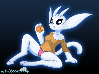 antennae_(anatomy) anthro black_background black_sclera blue_nose breasts clothing eating eyelashes female food fruit glowing hooves looking_at_viewer medium_breasts orange_(fruit) orange_clothing orange_shirt orange_topwear panties pink_clothing pink_panties pink_underwear plant pupils shirt simple_background sitting solo tail topwear underwear white_body white_pupils whitecrocus microsoft ori_(series) xbox_game_studios ori_(ori) guardian_spirit 2025 4:3 digital_media_(artwork) hi_res signature