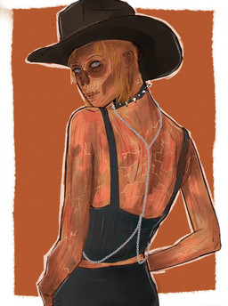 alternative_fashion ambiguous_gender bondage_gear chain clothing collar cowboy_hat hat headgear headwear missing_nose necrosis new_vegas not_furry simple_background solo spiked_collar spikes wearing_hat nuclearconsole fallout microsoft beatrix_russel ghoul_(fallout) humanoid english_description hi_res female_(lore)