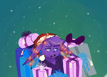anthro christmas_clothing christmas_headwear clothed clothing fur gift hat headgear headwear heart_symbol holidays lights open_mouth purple_body purple_fur santa_hat solo unknown_artist christmas lagomorph mammal