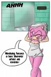 anthro big_eyes drying drying_hair female hair public_shower simple_background text toony towel towel_on_head towel_only towel_wrap white_background sandunky sega sonic_the_hedgehog_(series) amy_rose eulipotyphlan hedgehog mammal 2:3 absurd_res comic english_text hi_res