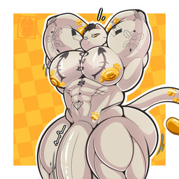 abs anthro arm_tattoo big_butt big_muscles big_pecs big_penis black_hair blind_eye butt checkered checkered_background chest_tattoo fur genitals hair hands_behind_head male mouth_closed muscular muscular_anthro muscular_arms muscular_male muscular_thighs nipples nude_anthro nude_male pattern_background pecs penis simple_background solo tail tattoo text_tattoo white_body white_fur yellow_eyes yellow_nipples yamwamm epic_games fortnite meowdas domestic_cat felid feline felis mammal 2025 digital_drawing_(artwork) digital_media_(artwork) hi_res