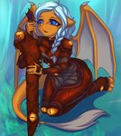 anthro armor blue_eyes blue_hair bodysuit braided_hair claws clothing dragon_wings female hair melee_weapon membrane_(anatomy) membranous_wings open_mouth orange_body pupils sitting skinsuit slit_pupils solo sword tail teeth tight_clothing weapon wings prisma6 mythology dragon mythological_creature mythological_scalie scalie hi_res