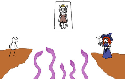 anthro clothing crown female fur group hair hat headgear headwear magic_user male princess purple_clothing red_hair royalty simple_background simple_face stick_figure tentacles toony trio white_body white_fur witch witch_hat anonymous_artist 4chan save_the_princess anon felid feline human humanoid mammal