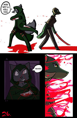 blood blood_on_knife blood_on_object blood_on_sword blood_on_weapon blood_splatter bodily_fluids death dialogue duo female gore green_body grey_body horn knife male text weapon yellow_eyes brradett microsoft the_elder_scrolls lernie_(brradett) argonian canid canine mammal scalie comic english_text hi_res