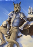 animal_genitalia anthro armor ball_fondling balls bottomless breastplate clothed clothing day fondling front_view fully_sheathed fur gauntlets genitals gloves handwear looking_at_viewer male outside plant pose reclining rock sheath shoulder_guards sitting snow solo tail tail_between_legs text tree warrior tuftedears bethesda_game_studios microsoft skyrim the_elder_scrolls kharjo felid khajiit mammal pinup url