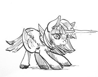 crouching female feral hooves horn laser looking_aside magic simple_background solo wings kovoranu friendship_is_magic hasbro my_little_pony mythology twilight_sparkle_(mlp) equid equine mammal mythological_creature mythological_equine winged_unicorn marker_(artwork) sketch traditional_media_(artwork)