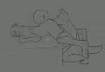 2022 anal animated anthro bed blush bodily_fluids canid canine claws conkycorp curled_tail digital_media_(artwork) dripping duo ears_back eyes_closed from_behind_position furniture genital_fluids genitals grabbing_sheets kneeling leg_grab looking_pleasured male male/male mammal no_sound on_bed oral pawpads penis pivoted_ears precum precum_drip rimming sex short_playtime simple_background tail toe_claws webm