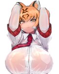 :3 armwear big_breasts breasts clothed clothing elbow_gloves exposure_variation female front_view gloves hair handwear highlights_(coloring) huge_breasts inner_ear_fluff looking_at_viewer necktie orange_hair shirt solo topwear tuft wet wet_clothing yellow_eyes shibori_kasu kemono_friends bengal_tiger_(kemono_friends) animal_humanoid felid felid_humanoid humanoid mammal mammal_humanoid pantherine pantherine_humanoid tiger_humanoid 4:5 hi_res