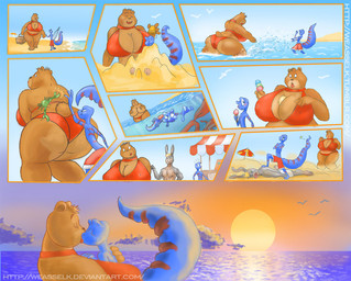 ambient_silhouette anthro beach big_breasts bikini blue_body blue_skin breasts brown_body brown_fur butt clothed clothing dessert female feral food fur group ice_cream kissing male outside romantic romantic_ambiance romantic_couple sand_castle scales sculpture sea seaside silhouette size_difference skimpy sun swimwear two-piece_swimsuit water weasselk ambient_bird ambient_flier aquatic arthropod avian bear bird crab crustacean decapod gecko lagomorph leporid lizard malacostracan mammal rabbit reptile scalie comic