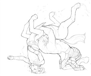 4_ears armor claws clothed clothing duo fur hooves horn male multi_ear partially_clothed suplex tail toe_claws snowskau guild_wars charr equid equid_taur felid mammal mammal_taur taur monochrome