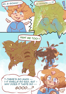 ambiguous_gender anthro anus apology biped bipedal_feral blush blush_lines bottomless bottomless_anthro clothed clothing duo eating_feces excessive_feces eyebrow_through_hair eyebrows eyes_closed fart fart_cloud farting_on_another farting_on_face feces feces_in_mouth feces_transformation feral green_fart_cloud hair heart_symbol horn musical_note musical_symbol open_mouth open_smile pooping pooping_on_another pooping_on_face projectile_feces puffy_anus raised_leg size_difference smile speech_bubble spiral spiral_eyes symbol tail text translucent translucent_hair brdzandbiscuits mythology nintendo pokemon gin_the_puppycorn vector_(tyranitar) canid canine canis domestic_dog equid equine feces_creature generation_2_pokemon hybrid mammal mythological_creature mythological_equine pokemon_(species) tyranitar unicorn unidog 2025 comic digital_drawing_(artwork) digital_media_(artwork) english_description english_text hi_res