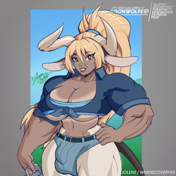 animal_ears blonde_hair brown_eyes bulge clothed clothing crooked_horn detailed_bulge farmer gynomorph hair hand_on_hip intersex looking_at_viewer muscular open_clothing open_shirt open_topwear shirt smile solo topwear agonwolfe european_mythology greek_mythology mythology bovid bovine humanoid mammal minotaur hi_res