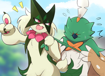 ambiguous_gender anthro beak bodily_fluids claws duo emanata fangs feathers featureless_crotch flat_chested fur gesture green_body green_fur green_hair hair hand_gesture obscured_eyes open_mouth pawpads pink_eyes pointing sweat sweatdrop tail tan_body tan_feathers teeth tongue thatsquirrelly nintendo pokemon avian bird decidueye felid feline generation_7_pokemon generation_9_pokemon mammal meowscarada pokemon_(species) 2026 signature