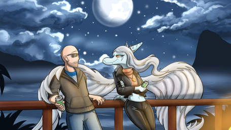 amber_(gem) amber_(material) anthro bald beard beverage beverage_can biped black_bottomwear black_clothing black_jacket black_pants black_topwear blue_body blue_clothing blue_scales blue_shirt blue_topwear bone_frill bottomwear clothed clothed_anthro clothed_female clothed_human clothed_male clothing cloud cropped_jacket cropped_sweater denim denim_bottomwear denim_clothing digit_ring duo eye_contact eyewear facial_hair feathered_wings feathers female frill_(anatomy) front_view full_moon grey_body grey_clothing grey_feathers grey_hair grey_jacket grey_topwear hair happy head_turned holding_beverage holding_object human_on_anthro interspecies jacket jeans jewelry leaning_on_railing long_hair looking_at_another male male/female markings moon mountain necklace night orange_clothing orange_eyes orange_sweater orange_topwear outside pants railing ring romantic romantic_couple scales shirt short_tail sky smile standing star striped_markings stripes sunglasses sweater tail topwear water wedding_ring wings kaewhy cavemanon_studios goodbye_volcano_high i_wani_hug_that_gator ko_op_(game_developer) fang_(gvh) inco_(iwhtg) human mammal prehistoric_species pterosaur reptile scalie 16:9 2024 colored hi_res widescreen
