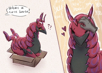 black_chest blush box container eyes_closed feral heart_symbol petting praise question_mark red_body solo speech_bubble text yellow_eyes catptapathy nintendo pokemon arthropod generation_5_pokemon pokemon_(species) scolipede english_text signature