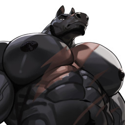 abdominal_scar abs alternate_form alternate_species animal_ears anthro barazoku beard big_muscles big_pecs black_body black_fur black_hair chest_scar clothed clothing facial_hair facial_scar fur furrification hair horse_ears looking_at_viewer looking_down looking_down_at_viewer low-angle_view male mouth_closed muscular muscular_male navel nipples pecs scar simple_background snout snout_scar solo topless vein veiny_muscles white_background 2001pinggai anothereidos_of_dragon_vein_r chinese_zodiac year_of_the_horse hellion_(anothereidos_r) equid equine horse mammal 1:1 absurd_res hi_res