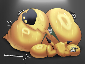 anthro big_breasts big_butt blonde_hair breasts butt clothed clothing dipstick_tail ellipsis female furgonomic_piercing furgonomics hair huge_breasts huge_butt huge_hips huge_thighs hyper hyper_butt lying markings on_front piercing solo tail tail_markings tail_piercing text thick_thighs thong topless underwear wide_hips yellow_body crowundeadcat nintendo pokemon generation_1_pokemon pikachu pokemon_(species) hi_res spanish_text