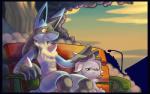 ambiguous_gender anthro bench detailed_background duo on_bench outside park plant sitting tree dahecksajerry nintendo pokemon canid canine espurr generation_4_pokemon generation_6_pokemon lucario mammal pokemon_(species) digital_media_(artwork)