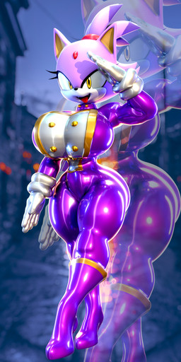 accessory anthro big_breasts blurred_background bodysuit boots breasts butt clothed clothing eyelashes female footwear forehead_gem fur gem gesture glistening glistening_bodysuit glistening_clothing glistening_latex glistening_skinsuit gloves hair hair_accessory hair_tie handwear high_heeled_boots high_heels latex latex_bodysuit latex_clothing latex_gloves latex_handwear latex_skinsuit latex_uniform looking_at_viewer military_uniform purple_body purple_bodysuit purple_clothing purple_fur purple_hair purple_latex purple_skinsuit salute shoes skinsuit small_waist smile solo thick_thighs tight_clothing uniform white_clothing white_gloves white_handwear white_latex wide_hips yellow_eyes palisal meatcorp sega sonic_the_hedgehog_(series) blaze_the_cat domestic_cat felid feline felis mammal 1:2 3d_(artwork) absurd_res blender_(artwork) digital_media_(artwork) hi_res