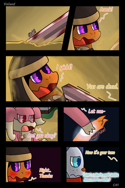 anthro badge book cloth dialogue fantasy fire freckled_face freckles melee_weapon semi-anthro speech_bubble sword text weapon vinland nintendo pokemon pokemon_mystery_dungeon spike_chunsoft anders_(infinitydoom) ano_(vinland) brixen_(vinland) sebastian_(infinitydoom) audino braixen charmander generation_1_pokemon generation_5_pokemon generation_6_pokemon oshawott pokemon_(species) 2:3 absurd_res comic cover_art english_text hi_res story