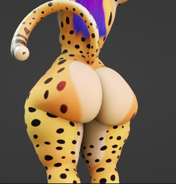 anthro big_butt breasts butt female hair huge_butt hyper hyper_butt overweight purple_hair small_breasts solo spots tail thick_thighs wide_hips mommalucy damammalucy cheetah felid feline mammal 3d_(artwork) blender_(artwork) digital_media_(artwork)