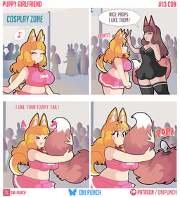 :> >_< absolute_territory big_breasts black_clothing black_dress black_legwear bottomwear breasts buttplug clothing dialogue dress duo eyelashes eyes_closed female headpat huge_breasts legwear loading midriff miniskirt pink_body pink_skin plug_(sex_toy) sex_toy skirt standing text thick_thighs onigiri_punch animal_humanoid canid canid_humanoid canine canine_humanoid dog_humanoid human humanoid mammal mammal_humanoid absurd_res comic english_text hi_res
