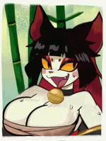 anthro bamboo bangs bell bell_collar big_breasts black_ears bodily_fluids border breasts chest_wraps cleavage clothed clothing collar cute_fangs eyeshadow female female_anthro front_view fur hair light_body light_fur lipstick looking_aside makeup multicolored_hair narrowed_eyes open_mouth open_smile red_eyeshadow red_inner_ear red_lipstick rosy_cheeks smile solo sweat sweatdrop two_tone_hair wraps yellow_sclera qwerty_soda tomo_(palesnake) domestic_cat felid feline felis mammal 2024 animated bust_portrait digital_media_(artwork) loop no_sound portrait short_playtime webm