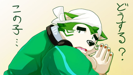 anthro black_nose electronics fur green_body green_eyes green_fur headphones headphones_around_neck male musclegut muscular pawpads solo text wo lifewonders live_a_hero mokdai canid canine canis domestic_dog mammal 16:9 japanese_text widescreen
