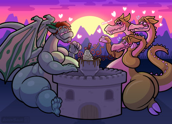3_heads anthro blush castle dessert detailed_background drinking_straw duo eyewear food glasses heart_symbol ice_cream male male/male mountain multi_head mythical_scalie outside sunset ahnik conditional_dnp cuphead_(game) mythology studio_mdhr grim_matchstick tecwyn dragon mythological_creature mythological_scalie reptile scalie 2025 hi_res