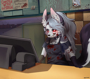 angry anthro apron bared_fangs black_nose blood blood_on_clothing blood_on_face blood_splatter bodily_fluids breasts clenched_teeth clothed clothing collar detailed_background electronics fangs female fur grey_hair hair inner_ear_fluff inside menu_screen monitor receipt_printer red_eyes shirt solo spiked_collar spikes teeth topwear tuft white_body white_fur shrimown hellaverse helluva_boss loona_(helluva_boss) canid canine canis mammal wolf 2025 absurd_res english_description hi_res