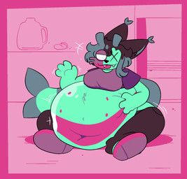 8_nipples aftermath antennae_(anatomy) anthro barbel_(anatomy) belly belly_grab big_belly big_tail breasts clothing dark_hair ear_tuft empty_eyes female gesture glistening glistening_belly green_body green_skin hair hair_over_eye half-closed_eyes looking_at_viewer multi_nipple narrowed_eyes navel nipple_outline nipples obese overweight pink_body pink_skin pointy_ears sagging_pants shirt sitting solo stuffing t-shirt tail thick_thighs tongue tongue_out topwear tuft waving waving_at_viewer wide_hips wiggle_lines x_eyes pawplants madd_(pawplants) aquatic catfish fish undead zombie hi_res