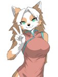 anthro asian_clothing chinese_clothing chinese_dress clothing dress east_asian_clothing female fur gesture green_eyes hair hand_gesture orange_body orange_fur red_clothing simple_background smile solo upper_body v_sign white_body white_fur white_hair eneki_sei eijin_niki canid canine canis mammal wolf 3:4 half-length_portrait portrait