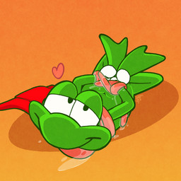 anthro bdsm bedroom_eyes bodily_fluids bondage bound cape clothing green_body heart_symbol hogtied legs_up long_tongue looking_at_viewer lying male narrowed_eyes on_front saliva seductive solo superhero tongue argon_vile superfrog superfrog_(character) amphibian frog 1:1 hi_res