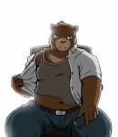 belt biped black_nose blue_eyes bottomwear cellphone clothed clothing denim denim_bottomwear denim_clothing electronics eyewear glasses jeans looking_at_viewer male midriff navel pants phone simple_background sitting slightly_chubby solo undressing white_background shinoda_hamazaki bear mammal