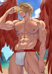 abs areola beach blonde_hair clothing eyewear feathered_wings feathers hair jockstrap male muscular muscular_humanoid muscular_male nipples not_furry outside pecs red_body red_feathers red_wings seaside solo sunglasses underwear wings suyohara my_hero_academia keigo_takami humanoid winged_humanoid absurd_res hi_res