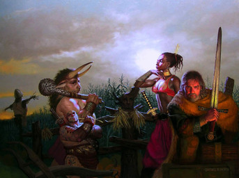 anthro athletic athletic_female beard breasts cleavage clothed clothing cloud club_(weapon) corn cornfield cornrows crop_top crossguard ear_piercing ear_ring facial_hair female fence food fruit group male medieval_clothing medieval_fantasy melee_weapon midriff musclegut muscular muscular_male navel piercing plant pumpkin ring_(jewelry) ring_piercing scarecrow shirt shirtless_male sword tattoo topwear weapon daniel_horne dragonlance dungeons_and_dragons european_mythology greek_mythology hasbro mythology wizards_of_the_coast bovid bovine human mammal minotaur
