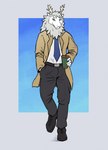 5_fingers anthro antlers belt clothed clothing coffee_cup container cup fingers footwear fully_clothed hand_in_pocket holding_object horn looking_at_viewer male mane necktie pockets shoes simple_background smile solo standing leo-arts mythology ao_lie dragon eastern_dragon mythological_creature mythological_scalie scalie hi_res