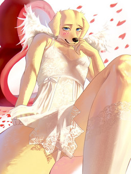 anthro clothing dress male simple_background solo yellow_body arbane beastars jack_(beastars) bird_dog canid canine canis domestic_dog golden_retriever hunting_dog mammal retriever