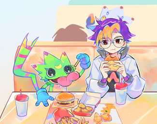 anthro burger chicken_meat chicken_nugget eyewear food fries glasses green_body group long_tongue male meat open_mouth tongue mar22826683 bandai_namco digimon digimon_beatbreak digimon_ghost_game hiro_amanokawa tomoro_tenma digimon_(species) gammamon gekkomon human mammal scalie hi_res