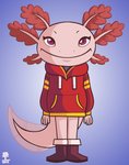 anthro boots clothing female footwear gradient_background hoodie pink_eyes shoes simple_background solo topwear wazzaldorp real_axolotl_hours axey_(wazzaldorp) amphibian axolotl marine mole_salamander salamander 2018 hi_res