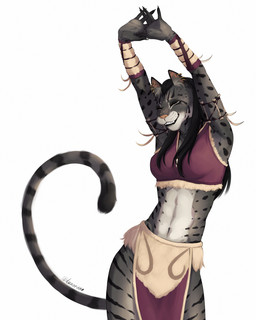 abs anthro bone breasts clothed clothing curling_tail ear_piercing ear_ring eyes_closed fangs feathers female fingers fur fur_markings markings medium_breasts midriff piercing ring_piercing simple_background skimpy smile solo stretching tail teeth white_background dunoruno microsoft the_elder_scrolls felina'ma domestic_cat felid feline felis khajiit mammal 2026 4:5 absurd_res digital_media_(artwork) hi_res